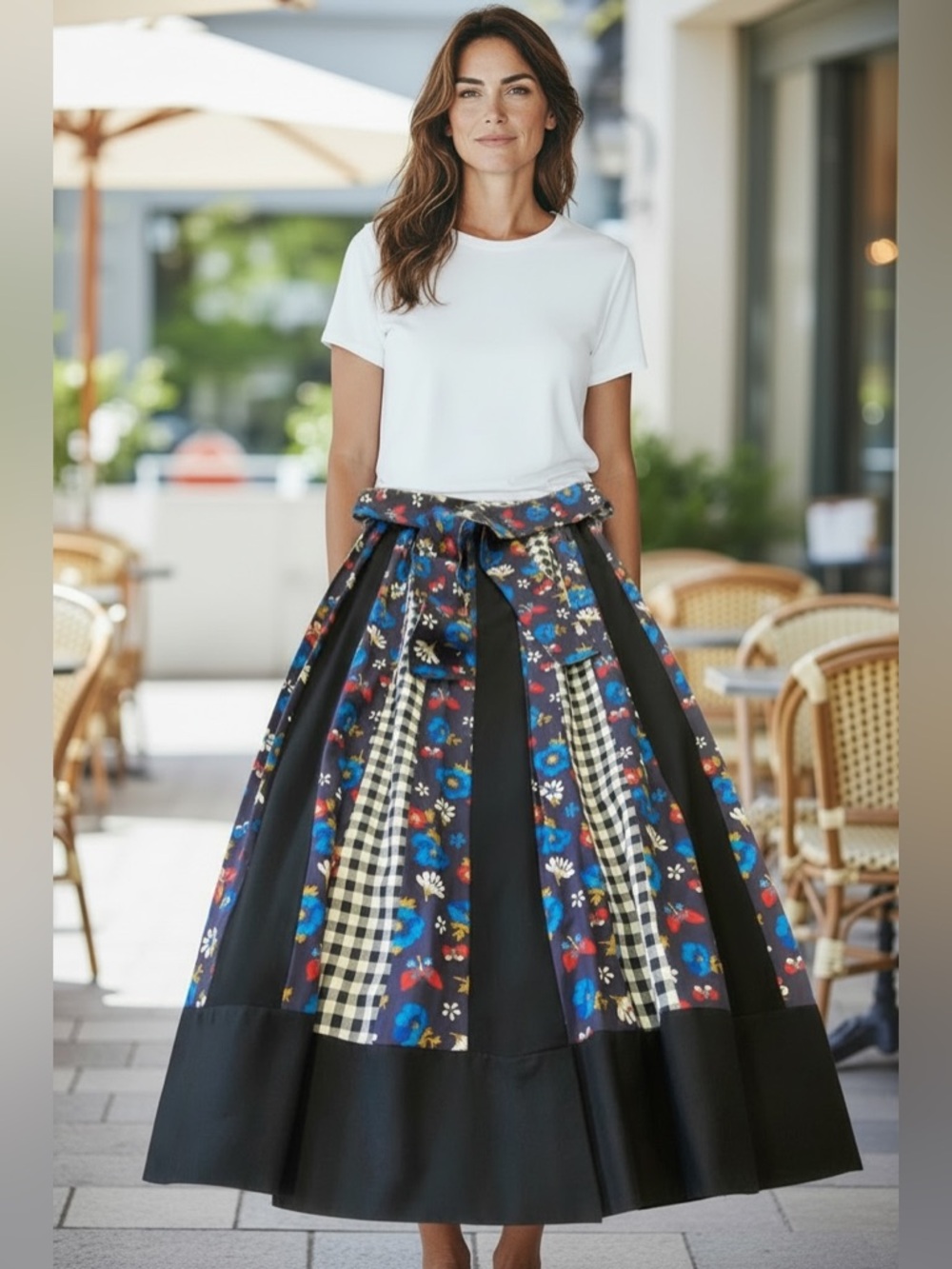 vintage CHESSA DAVIS Black Patchwork A-Line Skirt with Floral and Checkered